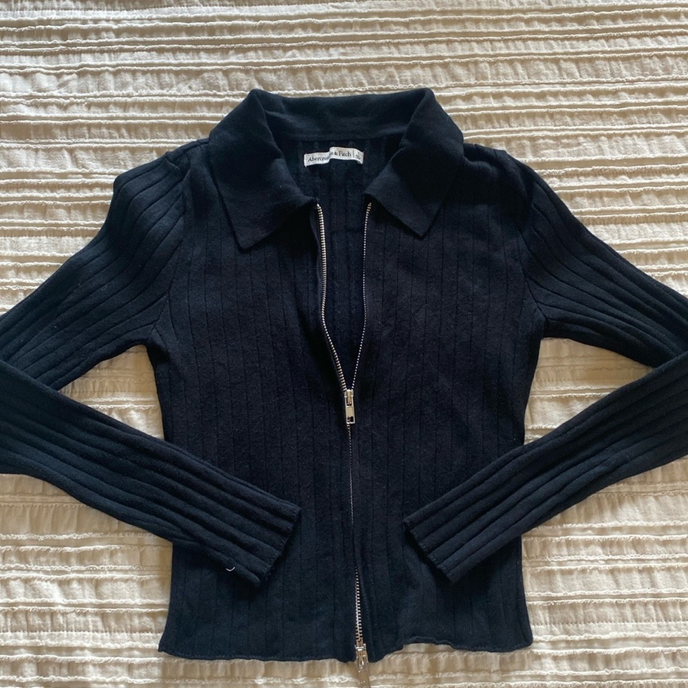 Abercrombie Dual Zipper Collared Ribbed Crop Sweater